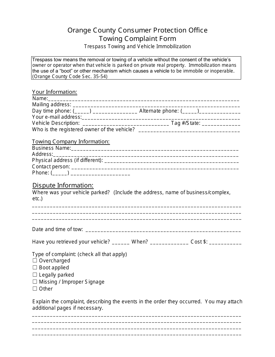 Towing Complaint Form - Orange County, Florida, Page 1