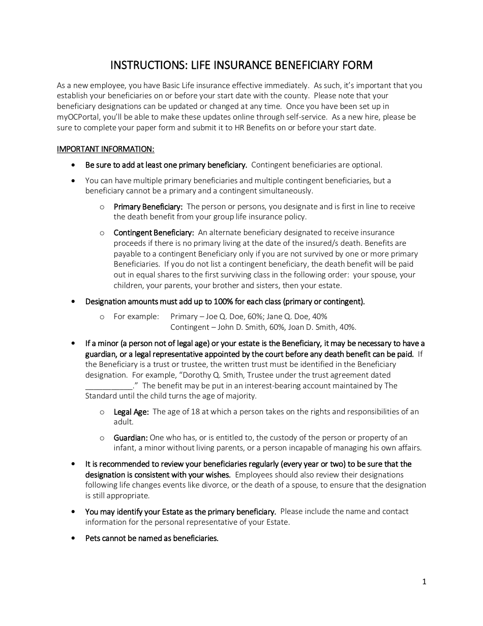 Form 51-101 Life Insurance Beneficiary Form - Orange County, Florida, Page 1