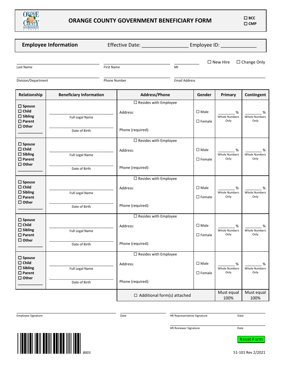 Form 51-101 Life Insurance Beneficiary Form - Orange County, Florida, Page 4