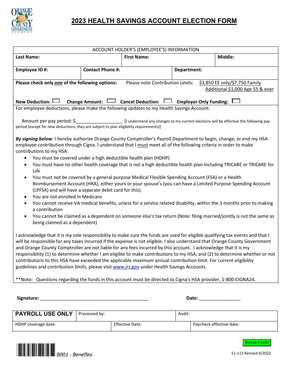 Form 51-113 Health Savings Account Election Form - Orange County, Florida, Page 2