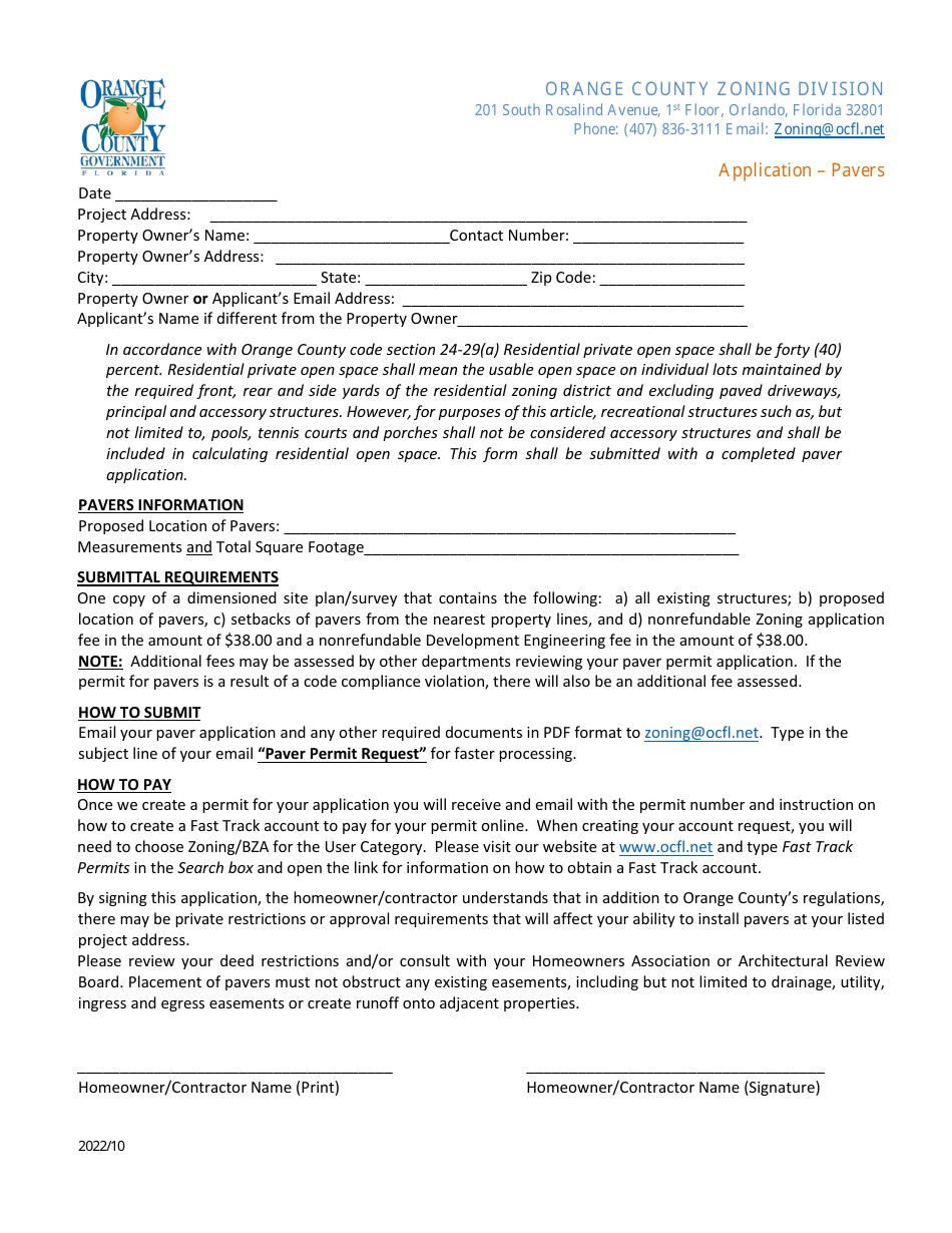 Application - Pavers - Orange County, Florida, Page 1