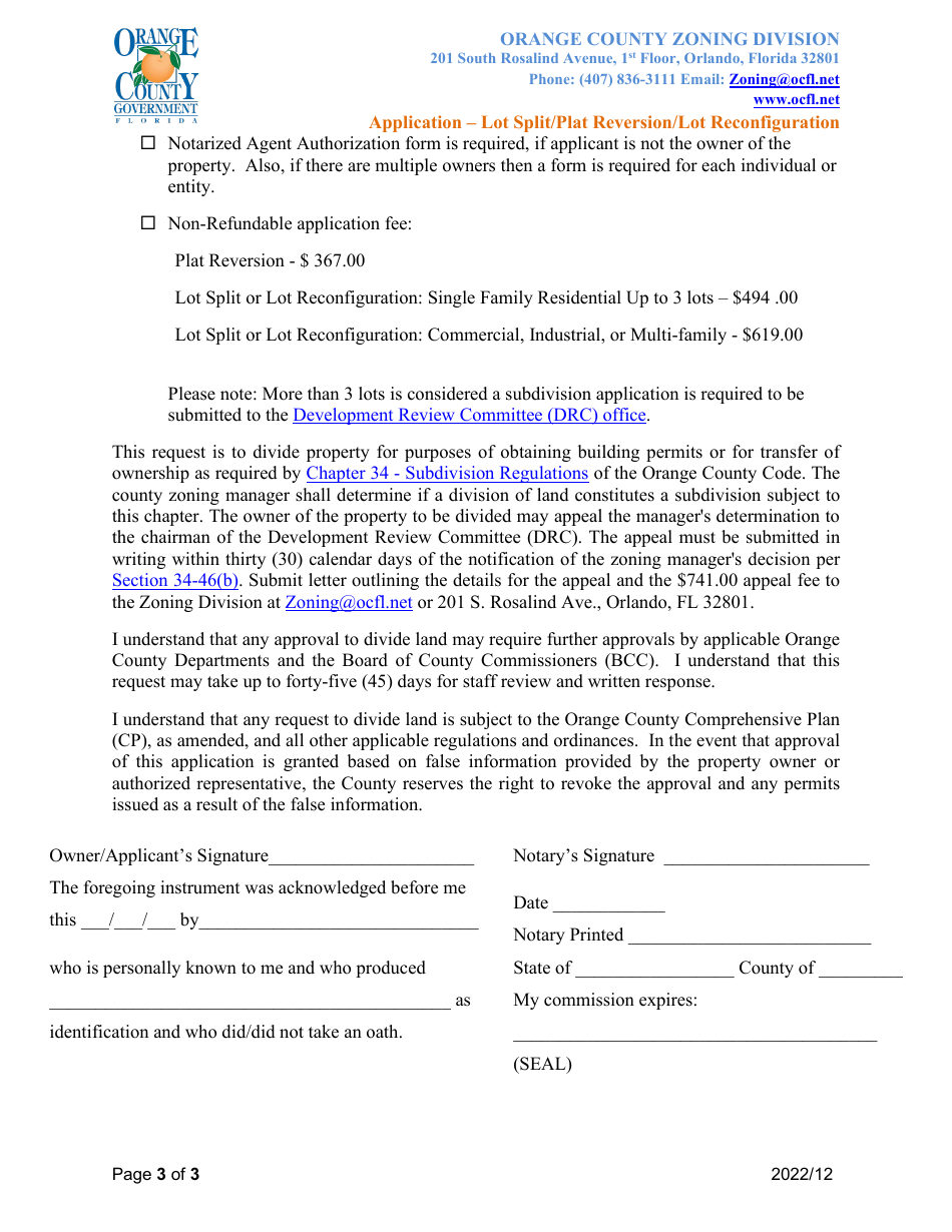 Application - Lot Split / Plat Reversion / Lot Reconfiguration - Orange County, Florida, Page 3