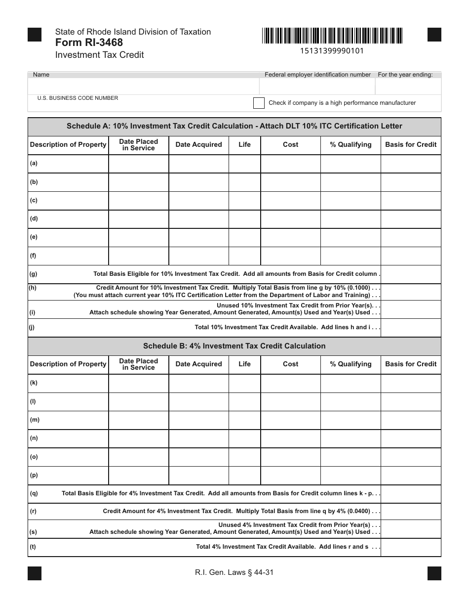 Form RI-3468 Investment Tax Credit - Rhode Island, Page 1