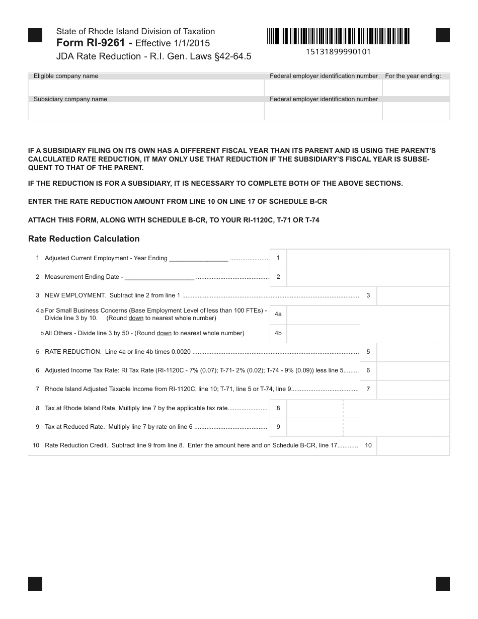 Form RI-9261 Jda(rate Reduction - Rhode Island, Page 1
