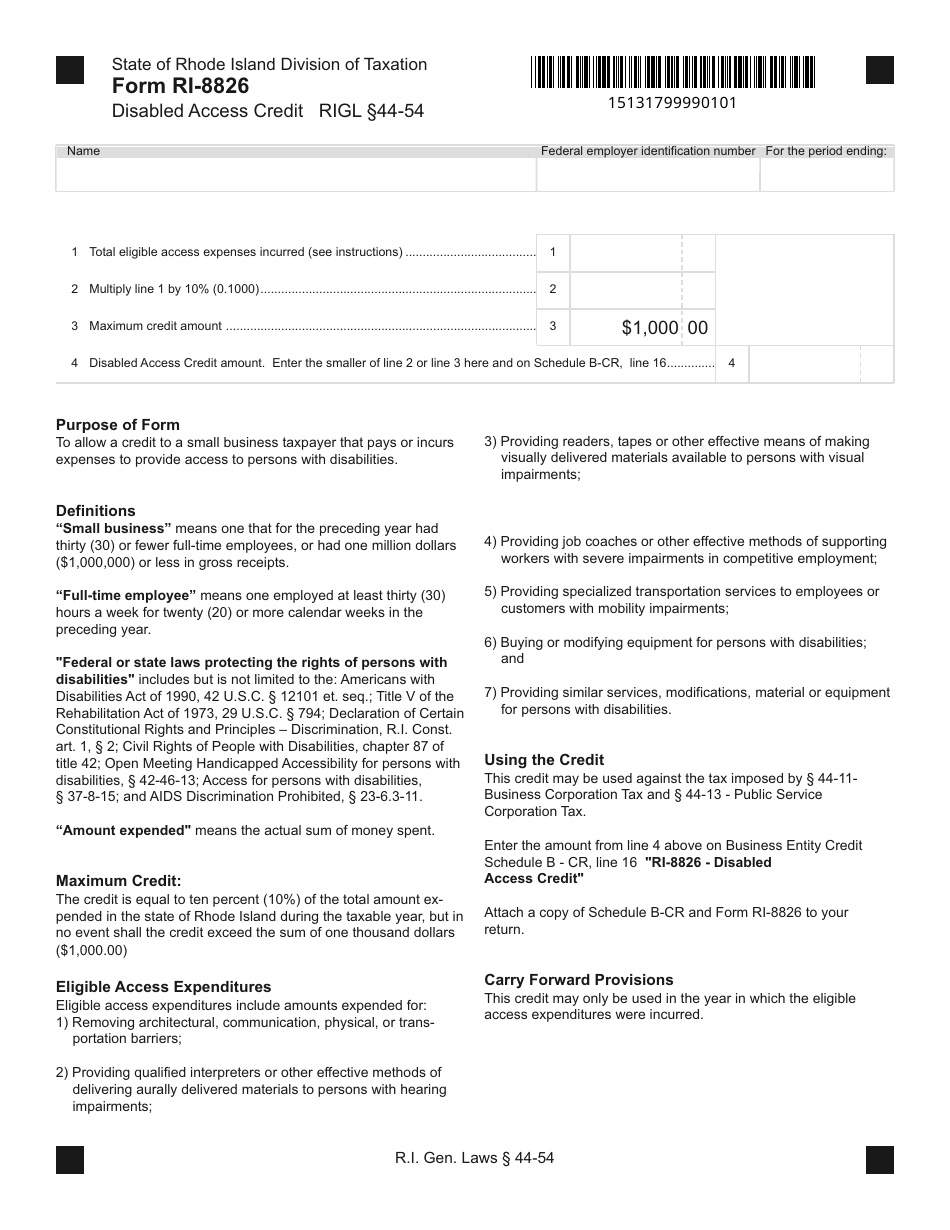 Form RI-8826 Disabled Access Credit - Rhode Island, Page 1