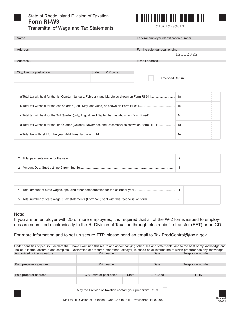Form RI-W3 Transmittal of Wage and Tax Statements - Rhode Island, Page 1