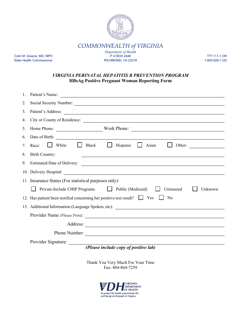 Virginia Hbsag Positive Pregnant Woman Reporting Form - Virginia ...