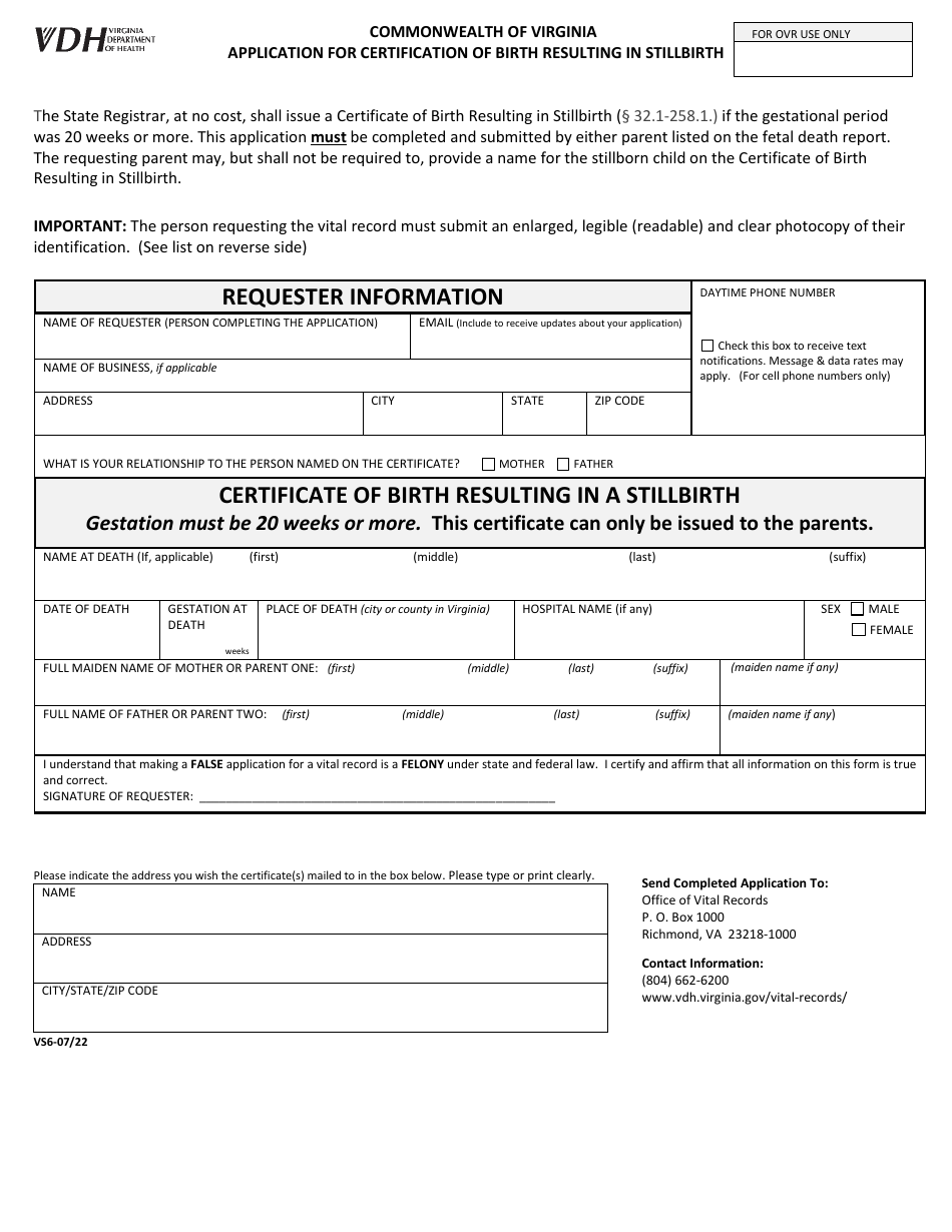 Form VS6 Application for Certification of Birth Resulting in Stillbirth - Virginia, Page 1
