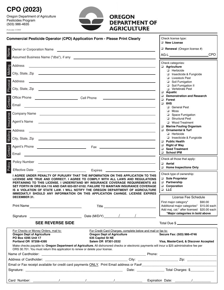Commercial Pesticide Operator (Cpo) Application Form - Oregon, Page 1
