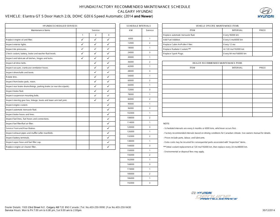 Factory Maintenance Schedule for Elantra Gt Calgary