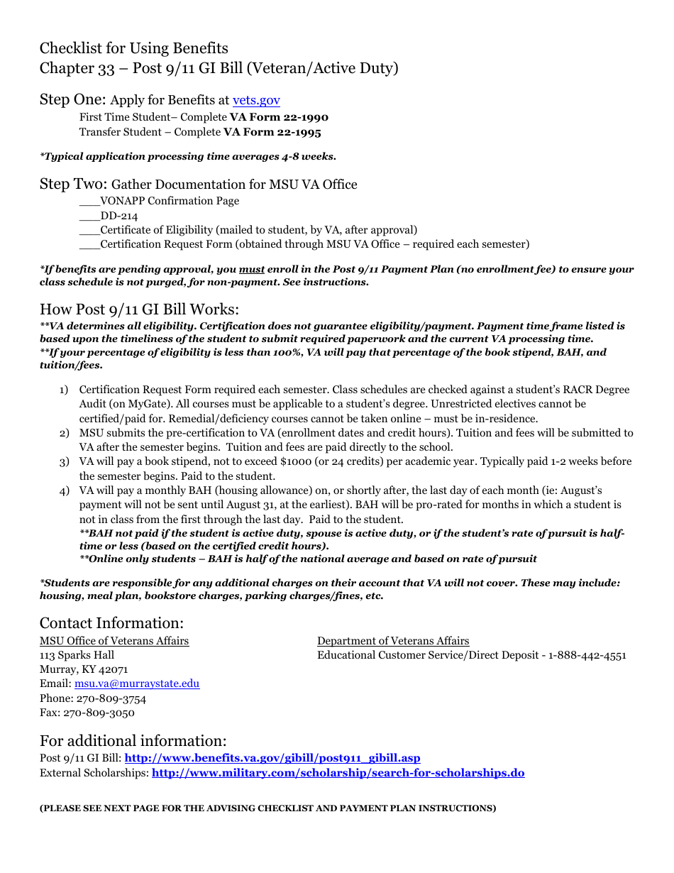 Post 9 / 11 Gi Bill Checklist Form, Page 1