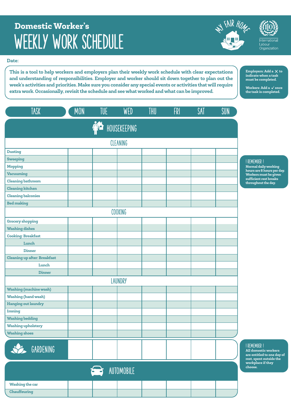 domestic workers weekly work schedule template my fair