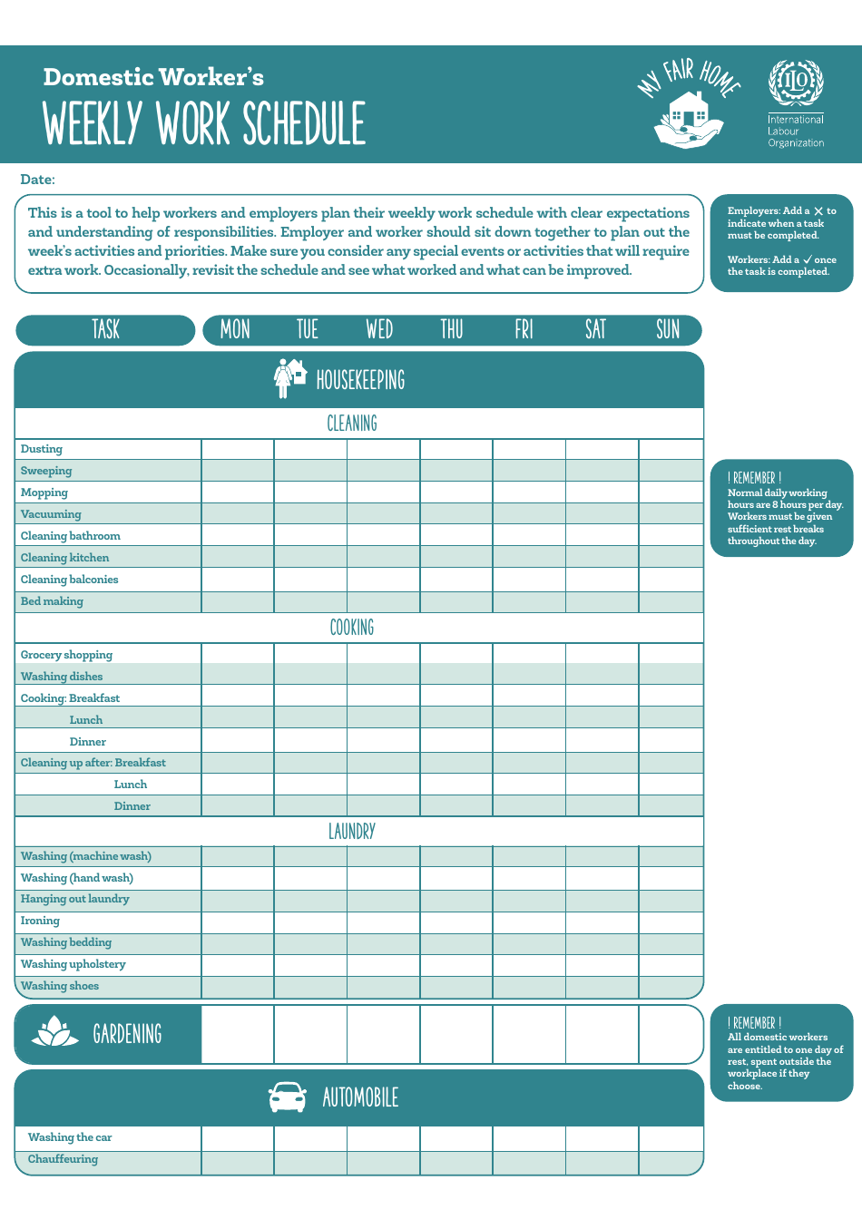 Domestic Worker's Weekly Work Schedule Template - My Fair Home, Page 1