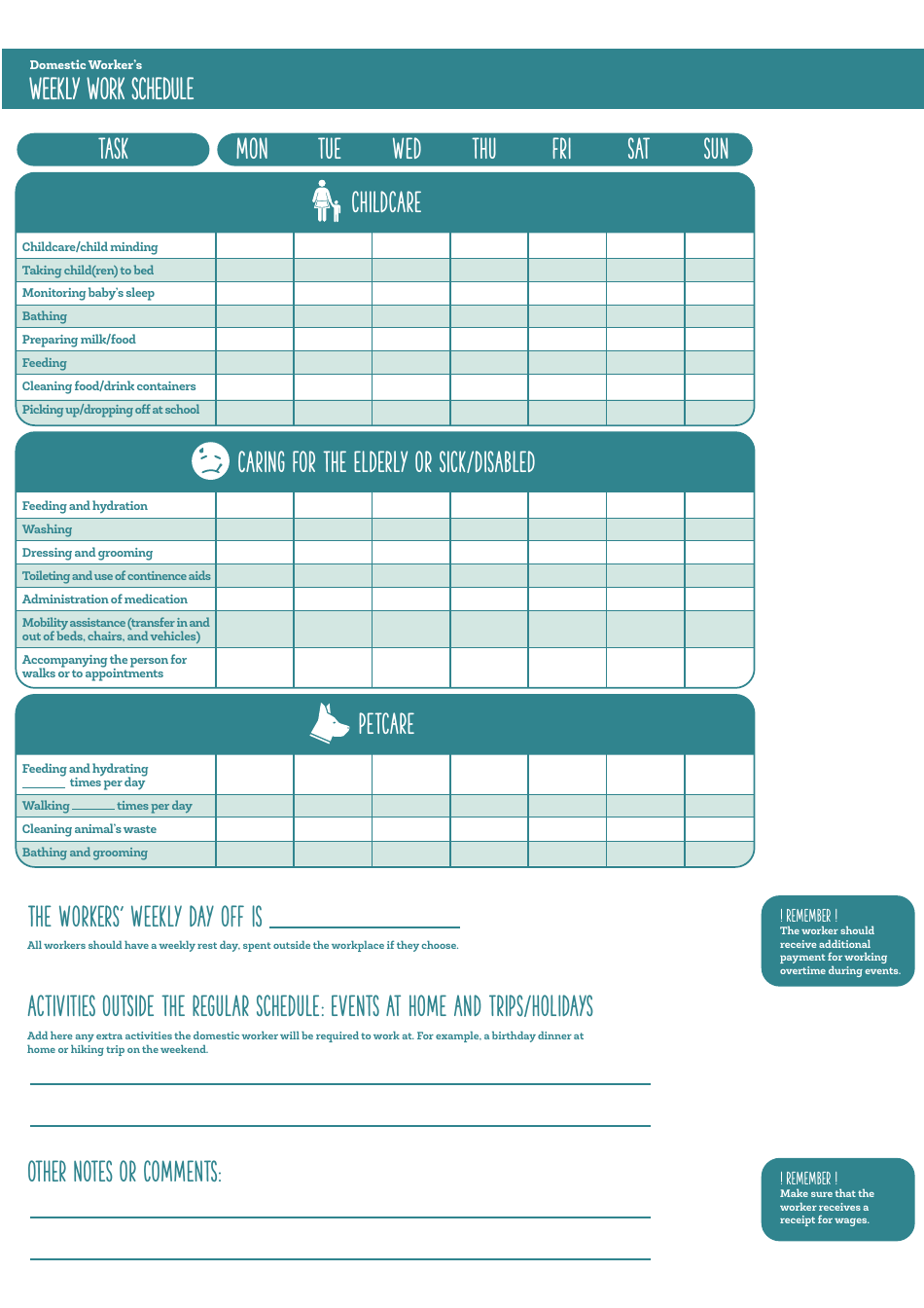 Domestic Workers Weekly Work Schedule Template - My Fair Home, Page 2