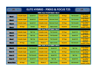 Document preview: 12 Week Elite Hybrid Schedule Template - P90x3 & Focus T25 - Sweet Life Fitness