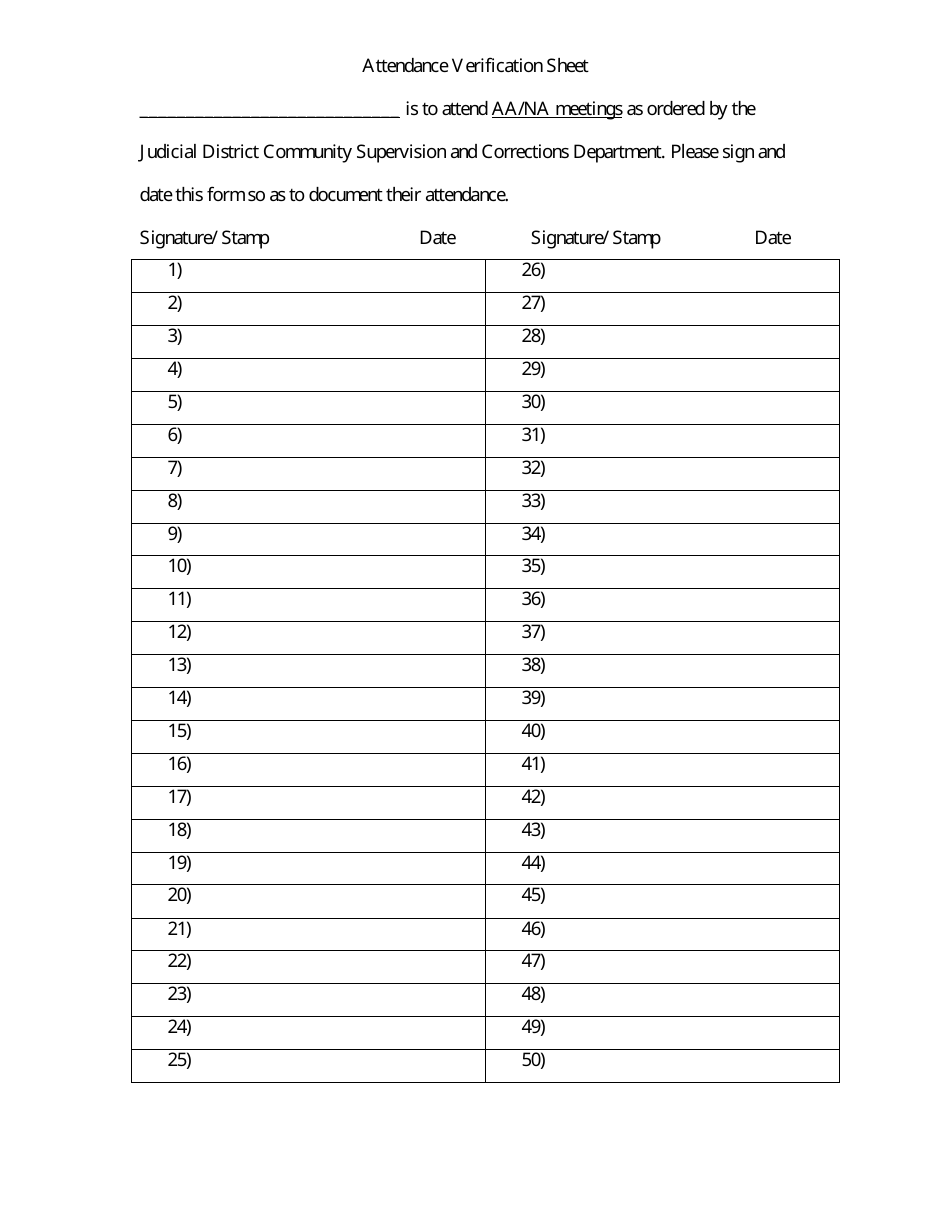 Aa/Na Meeting Attendance Verification Sheet, Page 1