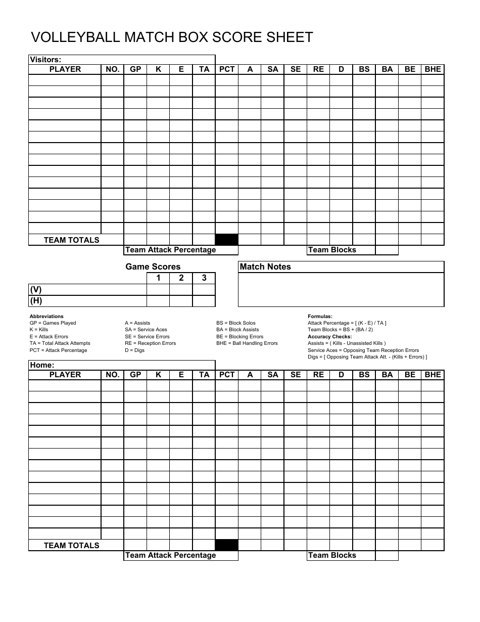Volleyball Match Box Score Sheet Template Download Printable PDF