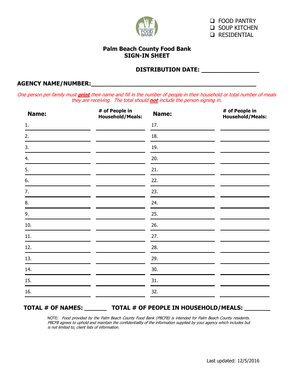 Sample Sign-In Sheet - Palm Beach County Food Bank -