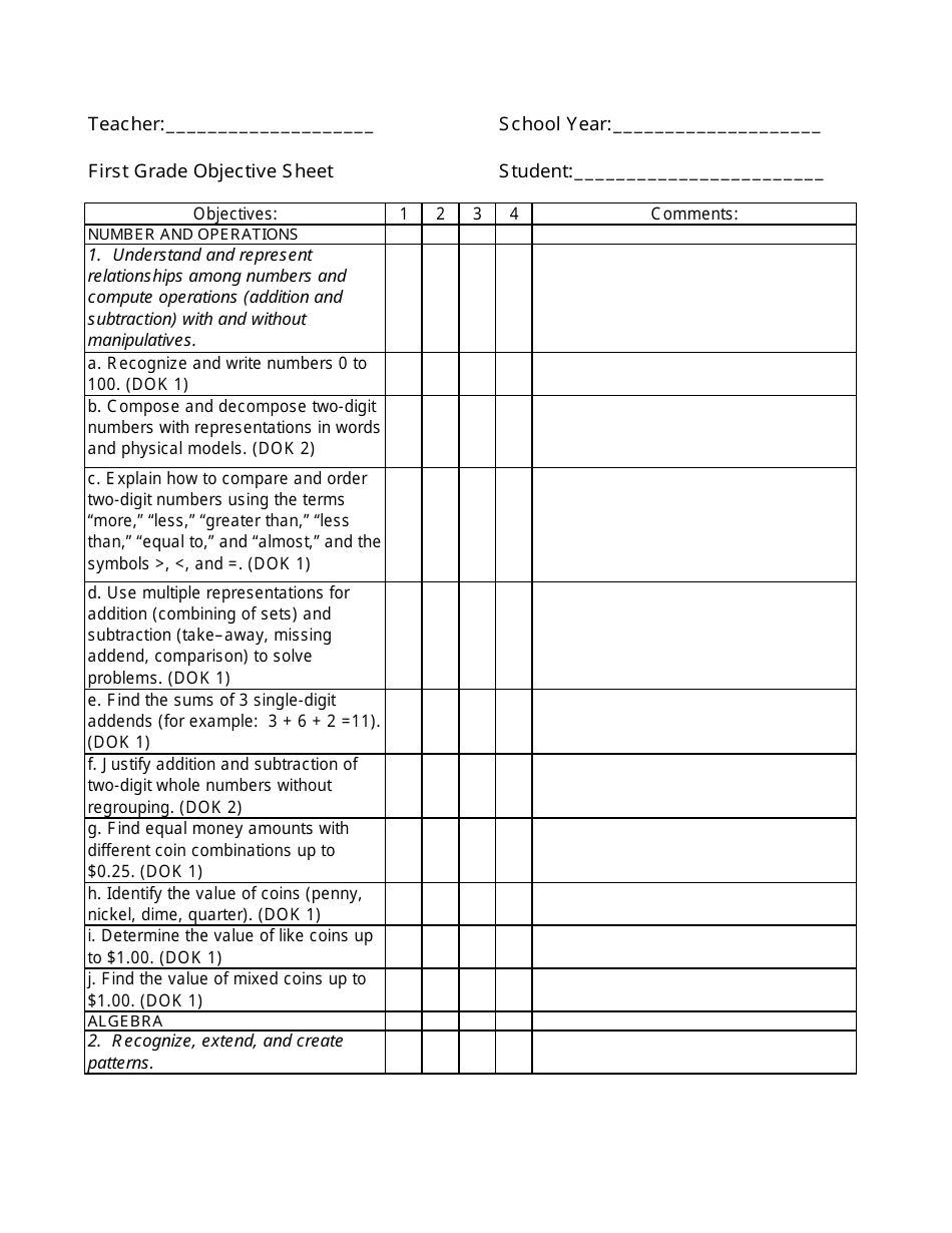 First Grade Objective Sheet Template Preview