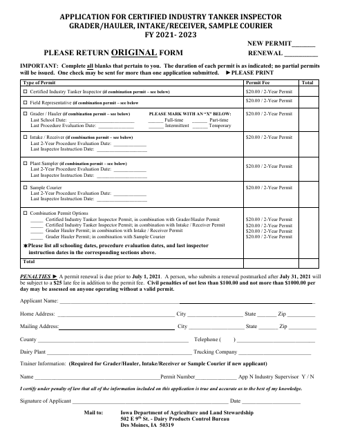 Application for Certified Industry Tanker Inspector Grader/Hauler, Intake/Receiver, Sample Courier - Iowa, 2023