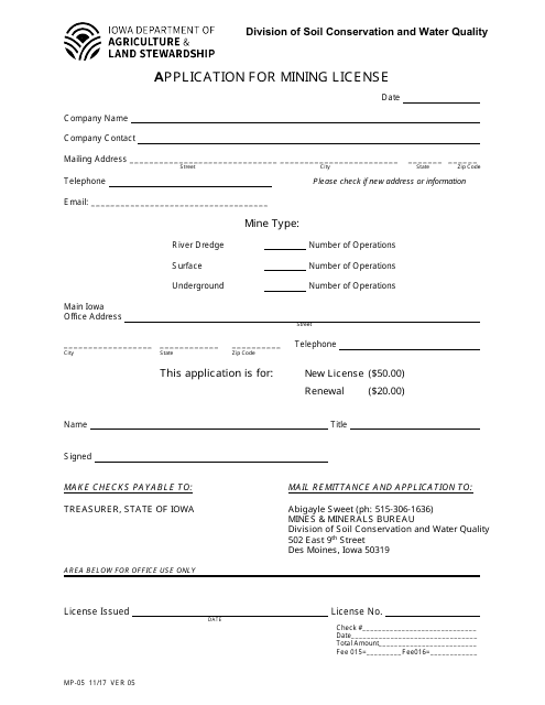 Form MP-05 Application for Mining License - Iowa