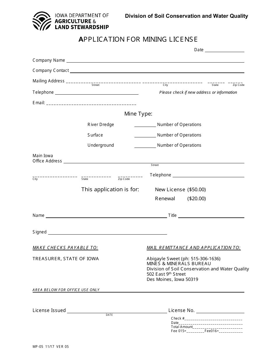 Form MP-05 Application for Mining License - Iowa, Page 1