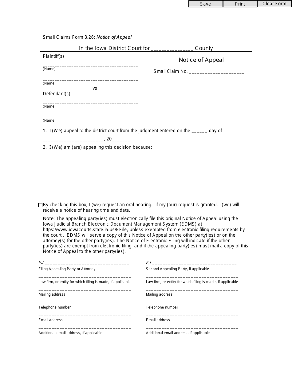 Small Claims Form 3.26 Notice of Appeal - Iowa, Page 1