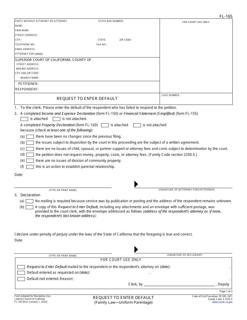 Form FL-165 Request to Enter Default (Family Law - Uniform Parentage) - California, Page 1