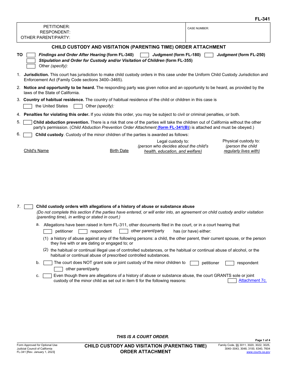 Form FL-341 Child Custody and Visitation (Parenting Time) Order Attachment - California, Page 1
