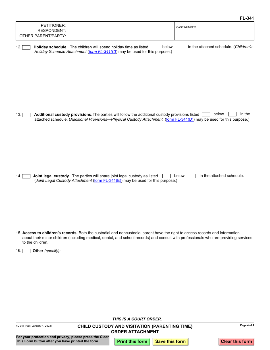 Form FL-341 Child Custody and Visitation (Parenting Time) Order Attachment - California, Page 4