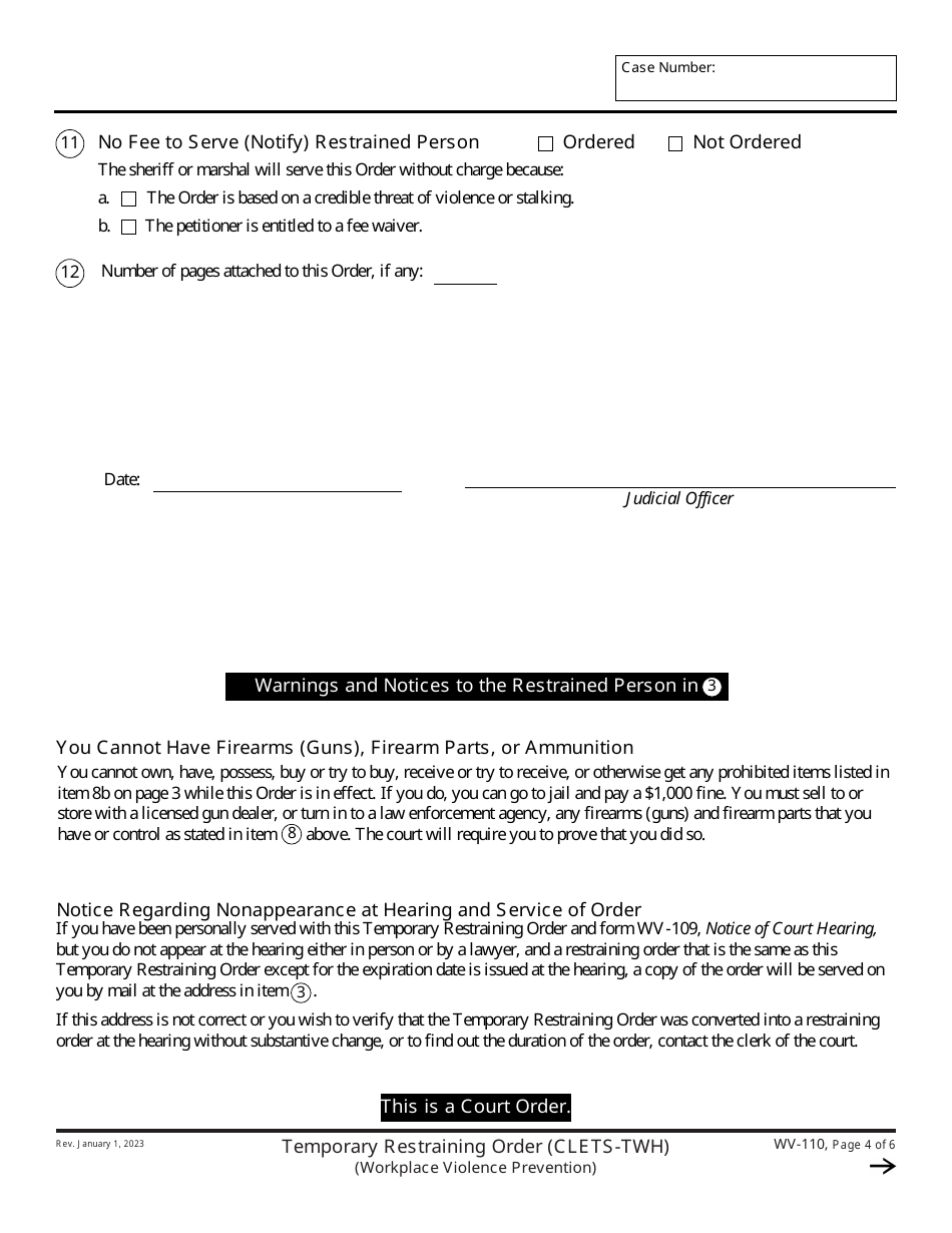 Form WV-110 Temporary Restraining Order (Clets-Twh) (Workplace Violence Prevention) - California, Page 4