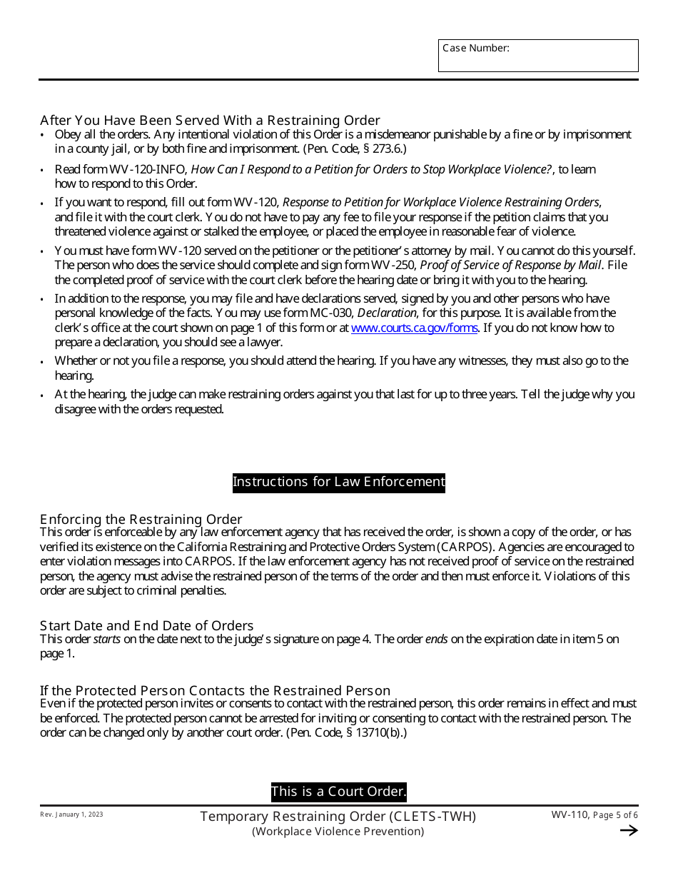 Form WV-110 Temporary Restraining Order (Clets-Twh) (Workplace Violence Prevention) - California, Page 5