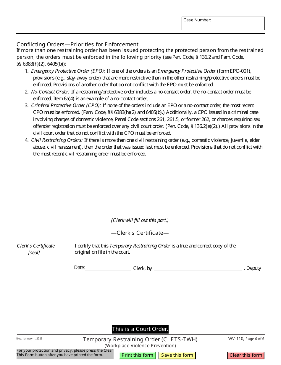 Form WV-110 Temporary Restraining Order (Clets-Twh) (Workplace Violence Prevention) - California, Page 6