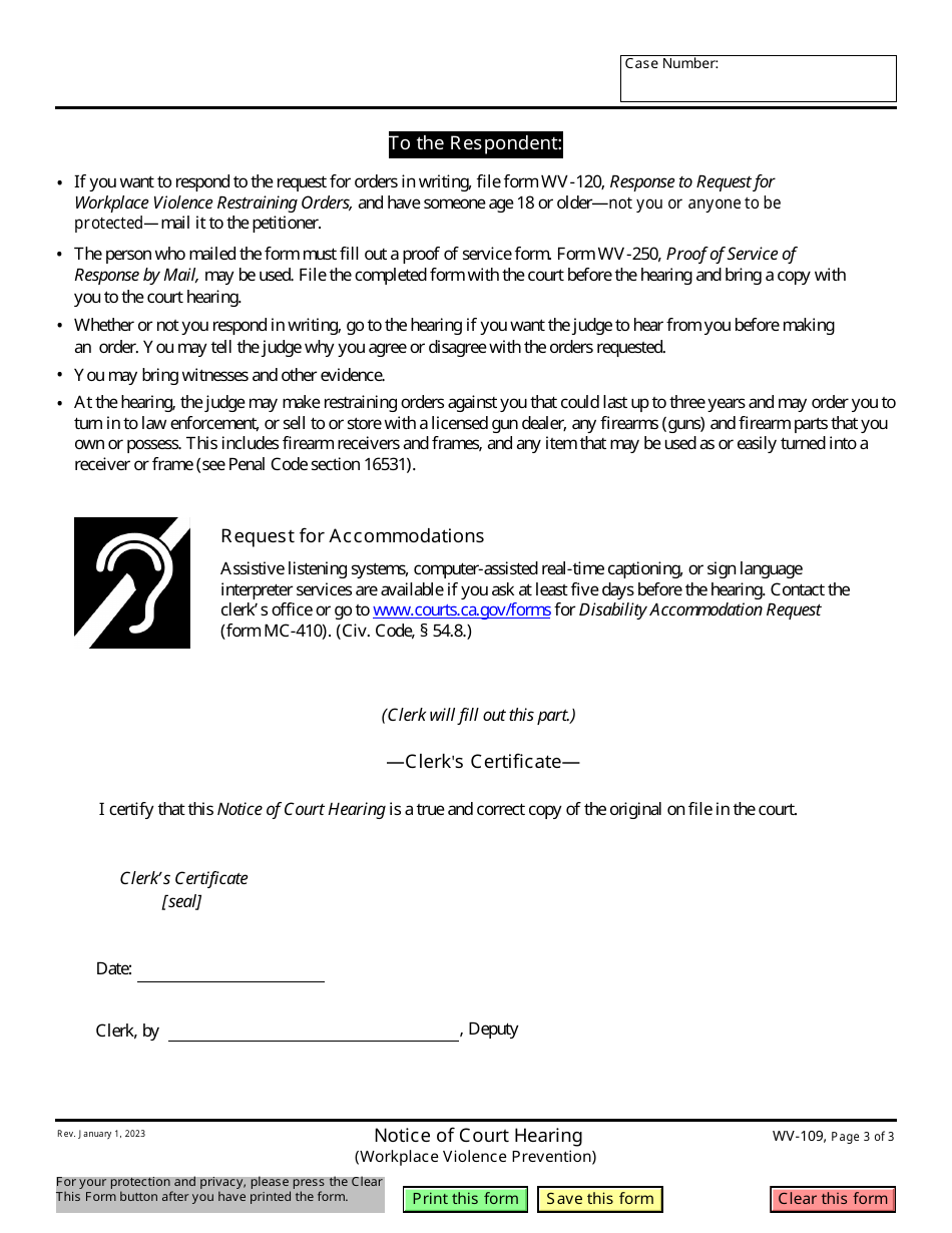 Form WV-109 Notice of Court Hearing (Workplace Violence Prevention) - California, Page 3