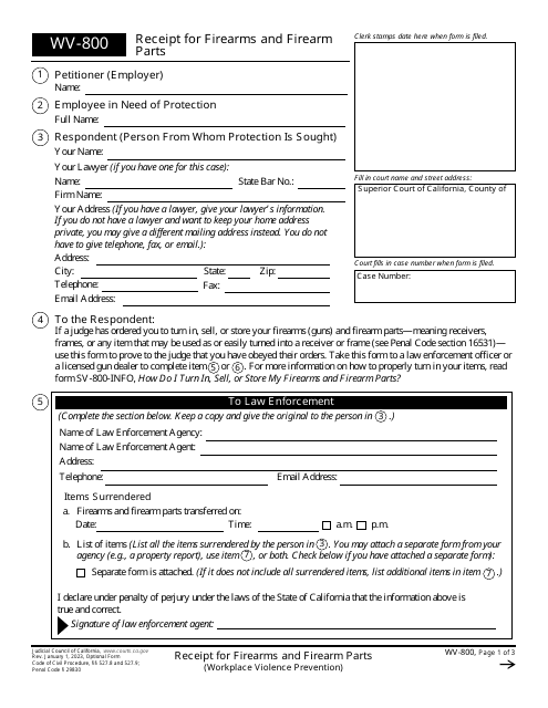 Form WV-800 Receipt for Firearms and Firearm Parts (Workplace Violence Prevention) - California