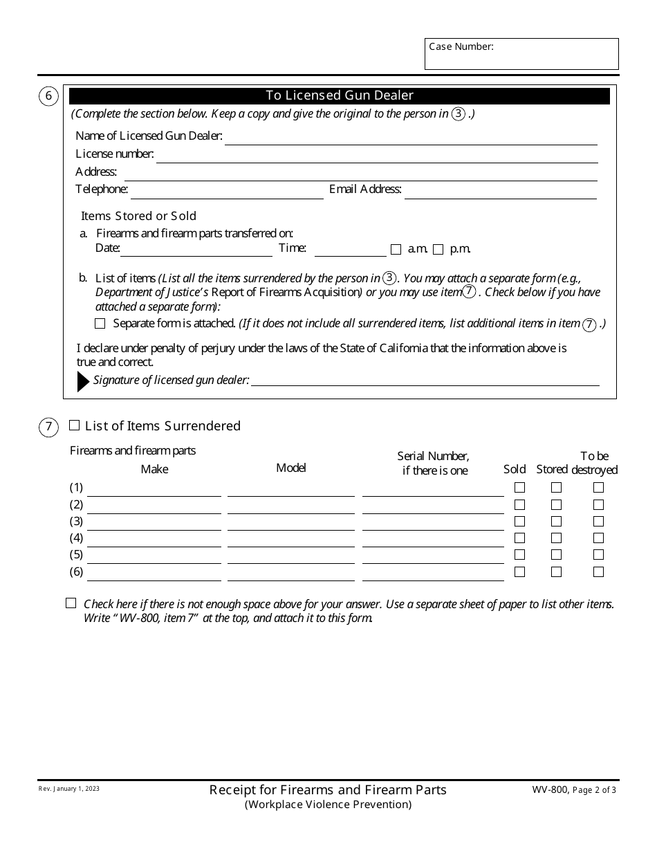 Form WV-800 Receipt for Firearms and Firearm Parts (Workplace Violence Prevention) - California, Page 2