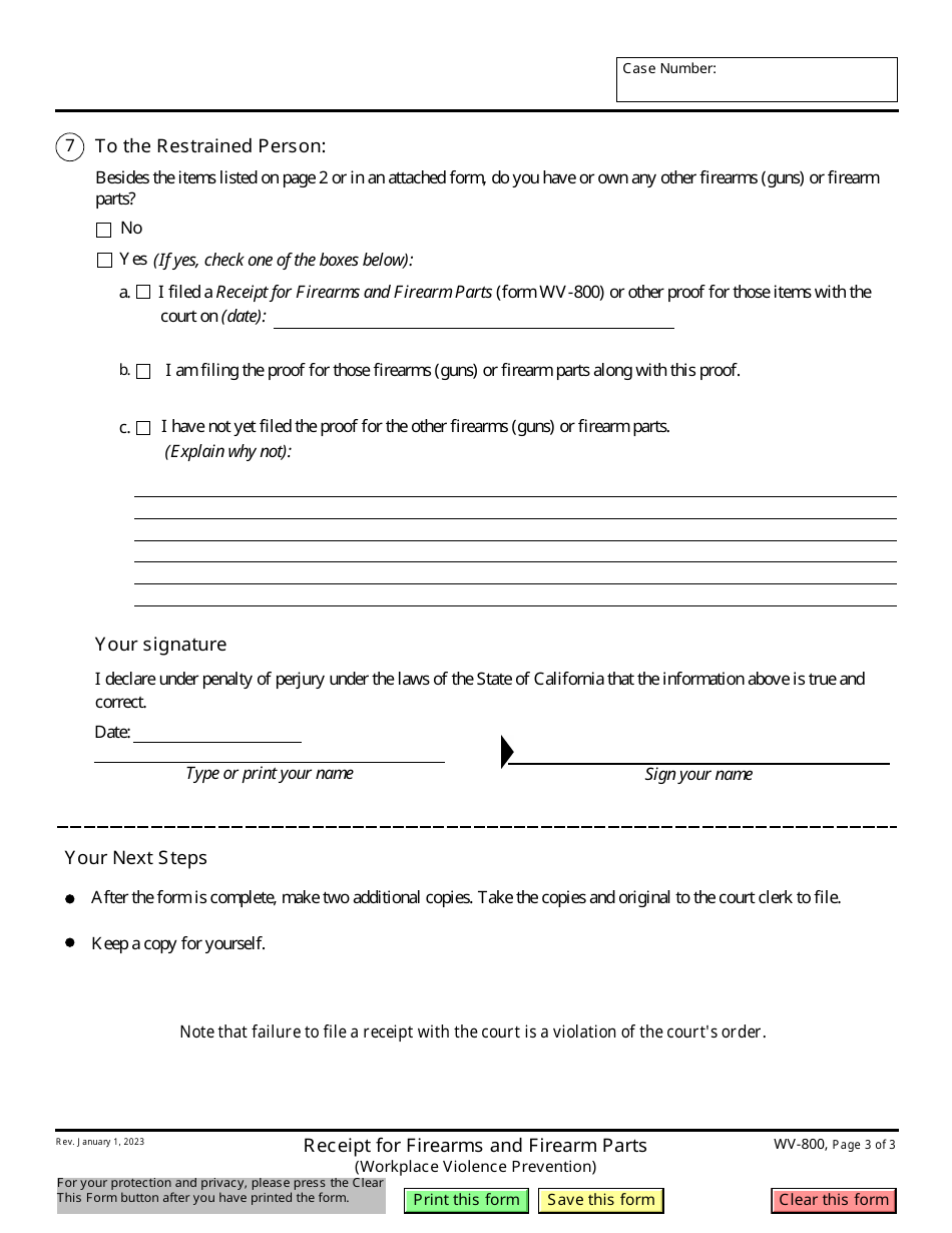 Form WV-800 Receipt for Firearms and Firearm Parts (Workplace Violence Prevention) - California, Page 3