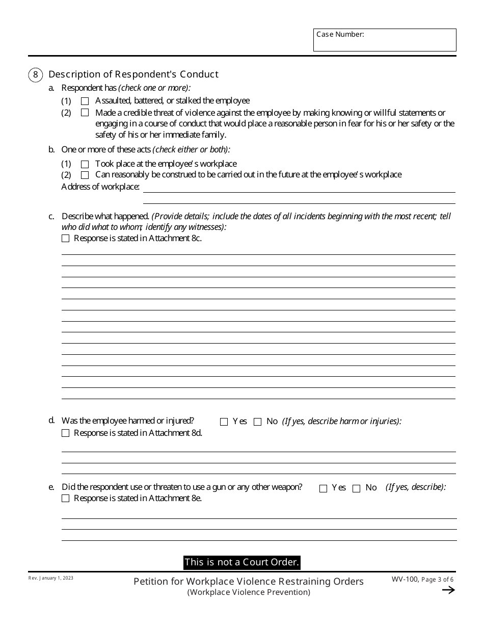 Form WV-100 Petition for Workplace Violence Restraining Orders (Workplace Violence Prevention) - California, Page 3