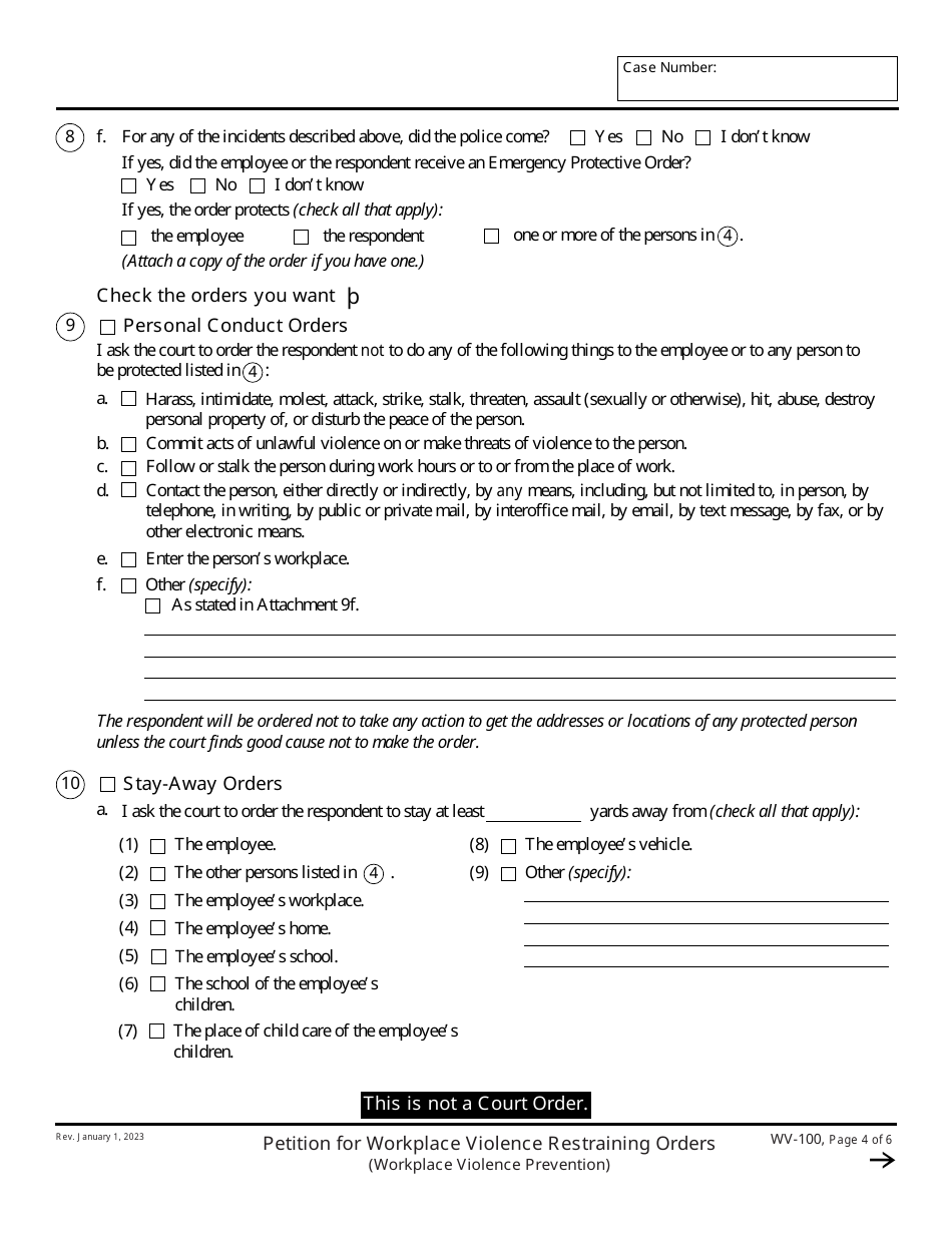 Form WV-100 Petition for Workplace Violence Restraining Orders (Workplace Violence Prevention) - California, Page 4