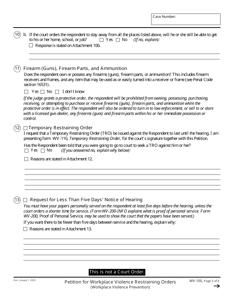 Form WV-100 Petition for Workplace Violence Restraining Orders (Workplace Violence Prevention) - California, Page 5