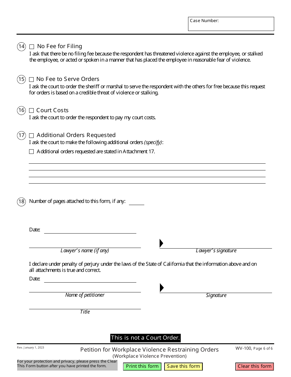 Form WV-100 Petition for Workplace Violence Restraining Orders (Workplace Violence Prevention) - California, Page 6