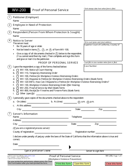 Form WV-200 Proof of Personal Service (Workplace Violence Prevention) - California
