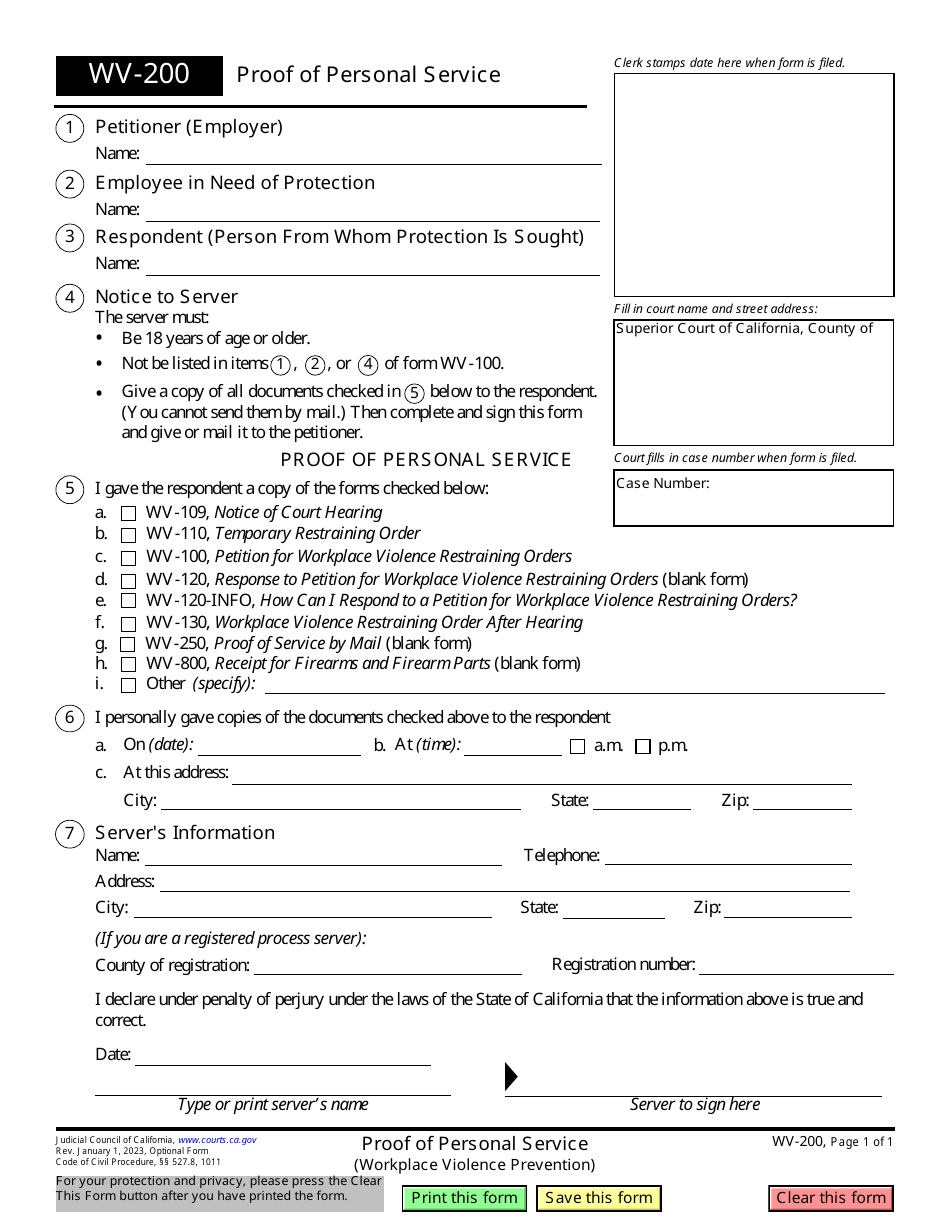 Form WV-200 Proof of Personal Service (Workplace Violence Prevention) - California, Page 1