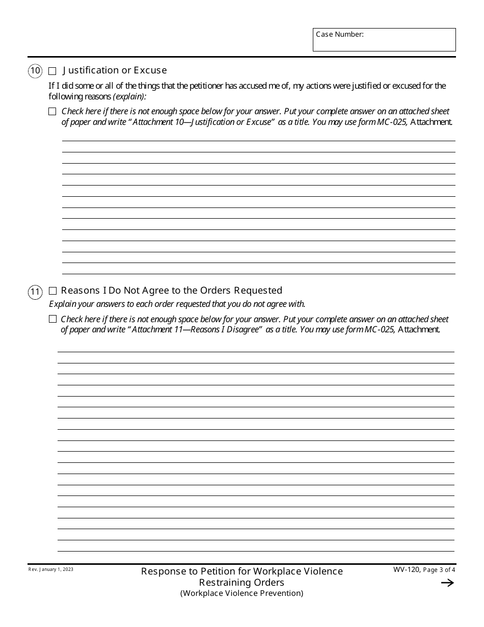 Form WV-120 Response to Petition for Workplace Violence Restraining Orders (Workplace Violence Prevention) - California, Page 3