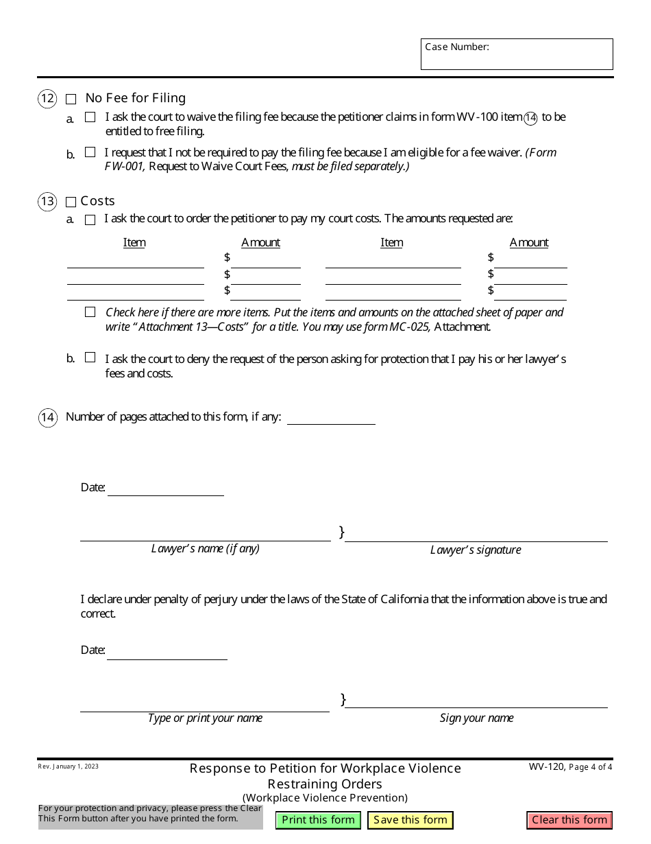 Form WV-120 Response to Petition for Workplace Violence Restraining Orders (Workplace Violence Prevention) - California, Page 4