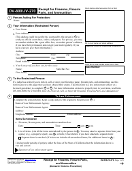Form DV-800 (JV-120) Receipt for Firearms, Firearm Parts, and Ammunition (Domestic Violence Prevention) - California