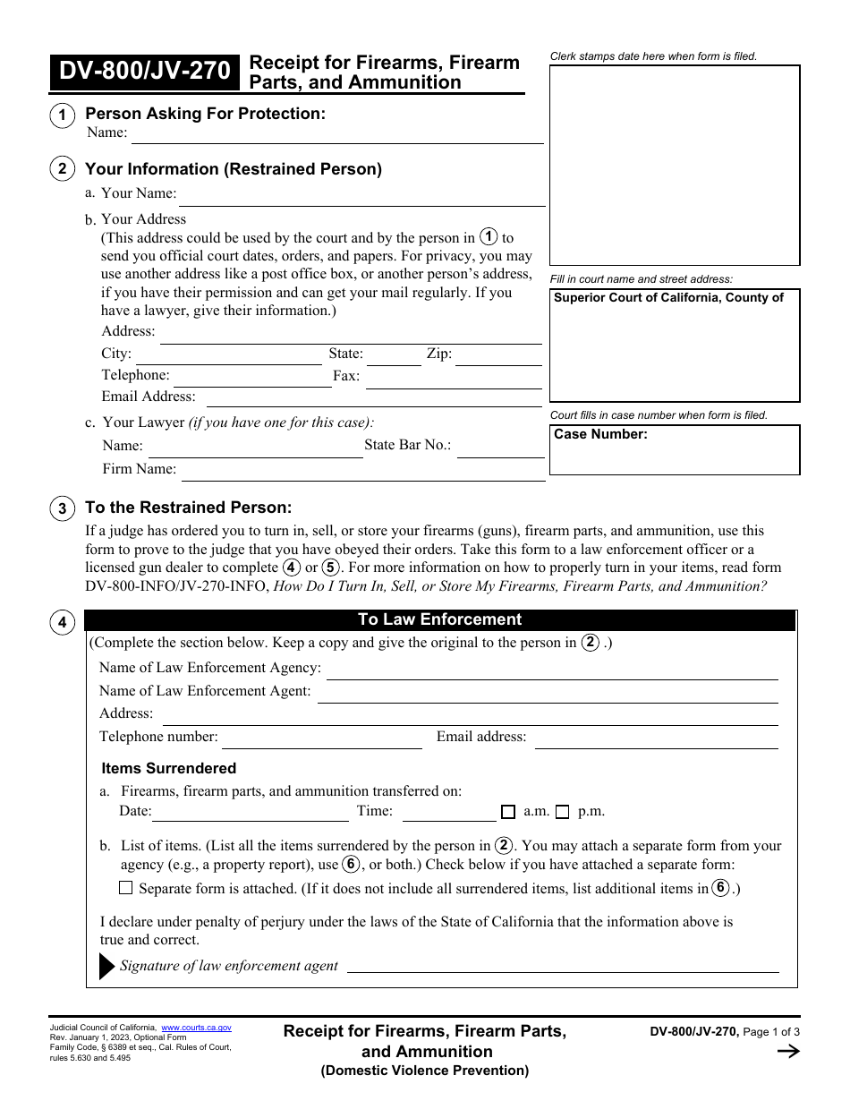 Form DV-800 (JV-120) Receipt for Firearms, Firearm Parts, and Ammunition (Domestic Violence Prevention) - California, Page 1