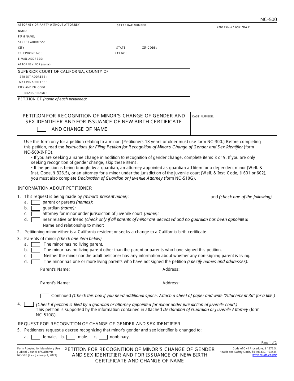Form NC-500 Petition for Recognition of Minors Change of Gender and Sex Identifier and for Issuance of New Birth Certificate and Change of Name - California, Page 1