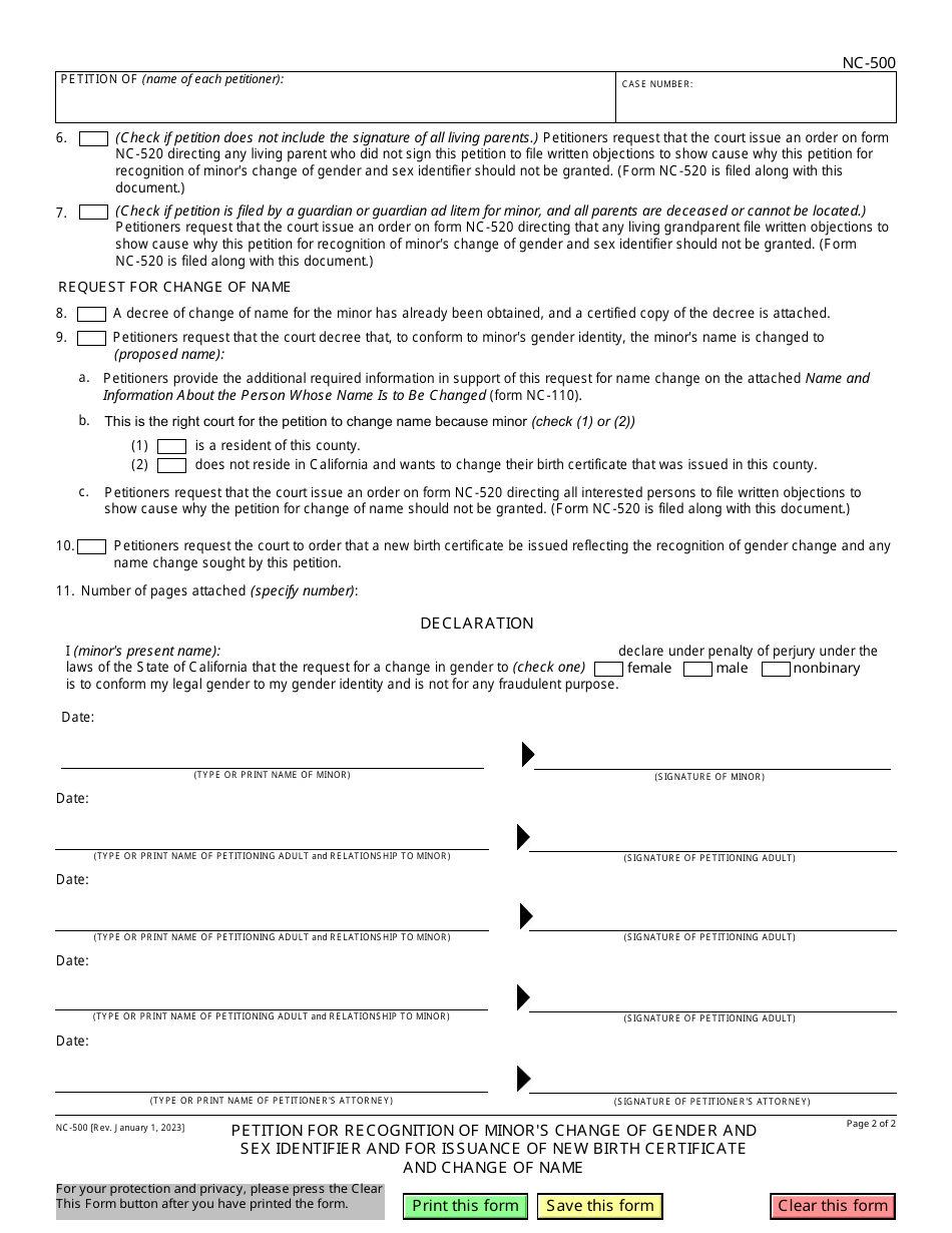 Form NC-500 Petition for Recognition of Minors Change of Gender and Sex Identifier and for Issuance of New Birth Certificate and Change of Name - California, Page 2