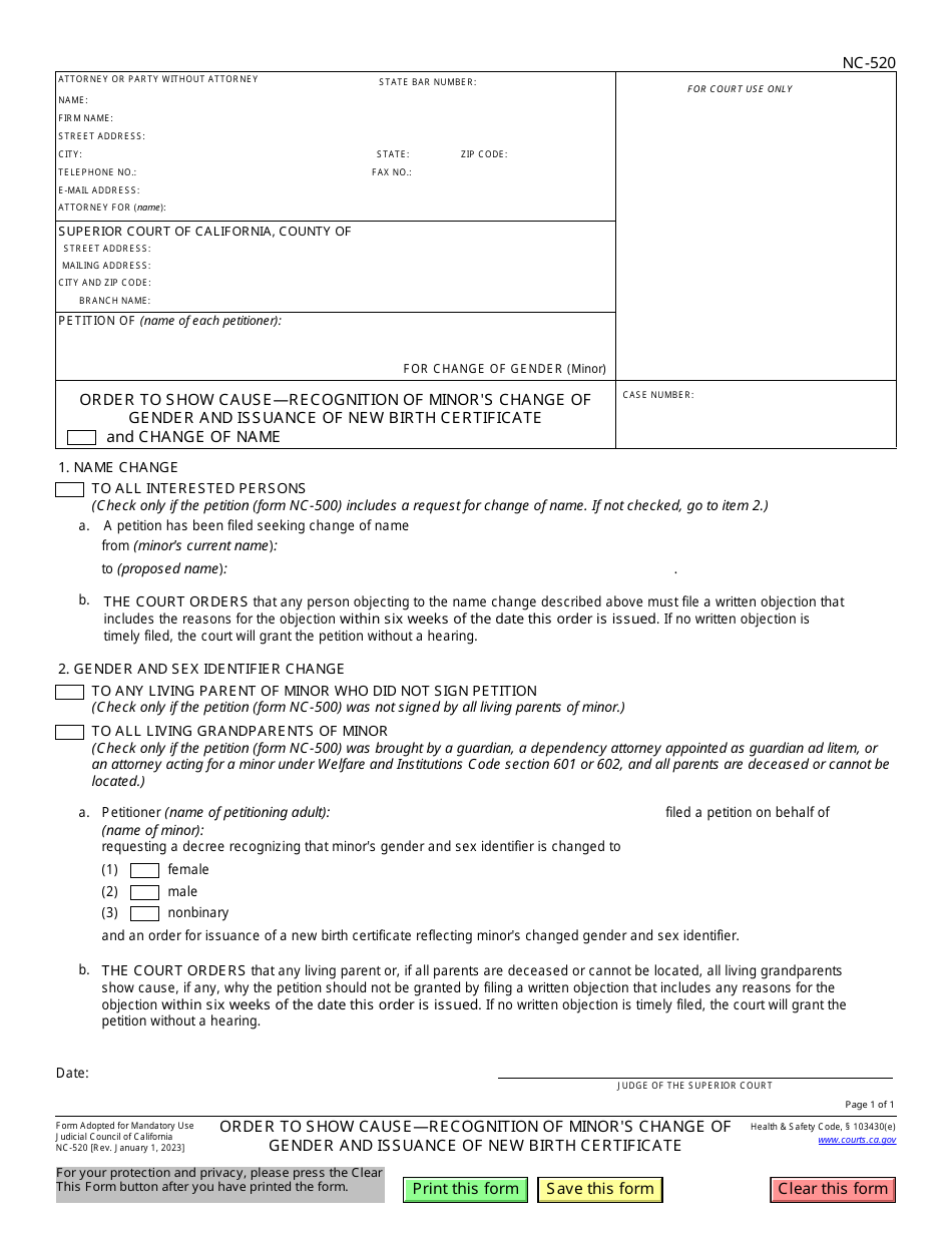Form NC-520 Order to Show Cause - Recognition of Minors Change of Gender and Issuance of New Birth Certificate - California, Page 1